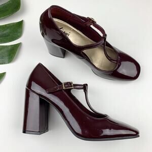 Fioni T-Bar Mary Jane Pumps Block Heels Burgundy Faux Patent Leather Women's 8.5